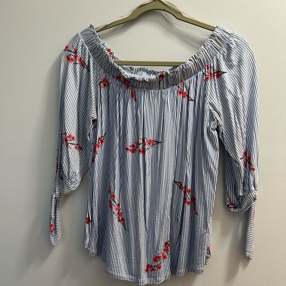 Olive & Oak Blue Striped Blouse with Red Floral Accents